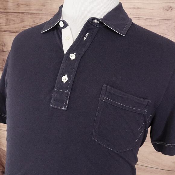 Billy Reid Polo Shirt Mens Large Navy Blue Contrast Stitch Button Placket Pocket - Picture 2 of 9